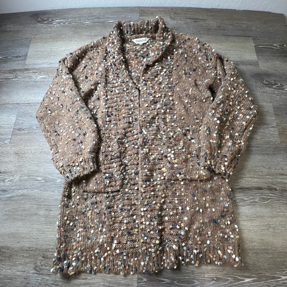 Davis & Dani Cardigan Womens L Brown Multi Popcorn Knit Open Front Shawl Sweater